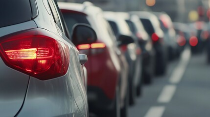 Traffic Congestion City Street with Line of Cars Stopped at Red Lights