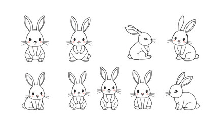 Fototapeta premium Cute bunny rabbit outline sketch vector illustration. Minimal bunny line art doodle in different poses.