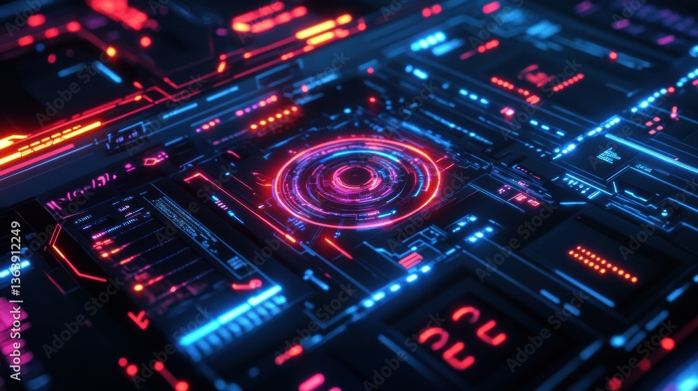 Poster glowing holographic futuristic interface with vibrant light elements and sleek cyberpunk design in a
