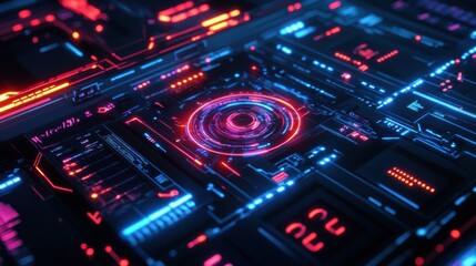 Fototapeta premium Glowing holographic futuristic interface with vibrant light elements and sleek cyberpunk design in a high-tech environment