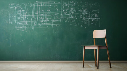 Empty Classroom With Wooden Chair And Green Chalkboard