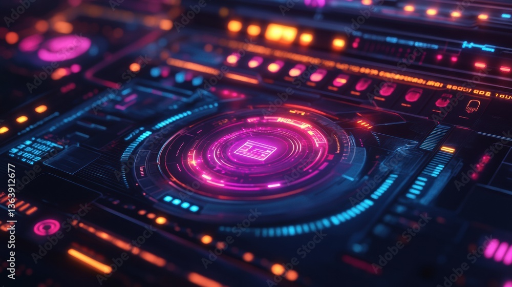 Poster futuristic holographic interface with glowing elements in a sleek cyberpunk environment during night