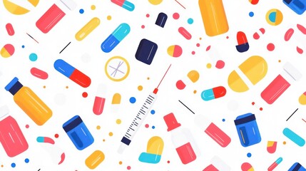 Colorful medication pattern pills, capsules, and syringe; medical background; healthcare website