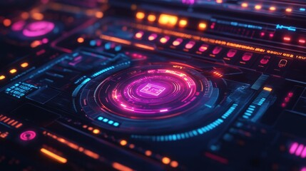 Futuristic holographic interface with glowing elements in a sleek cyberpunk environment during nighttime