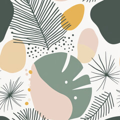 Fototapeta premium Abstract botanical seamless pattern with ferns, leaves, and organic shapes