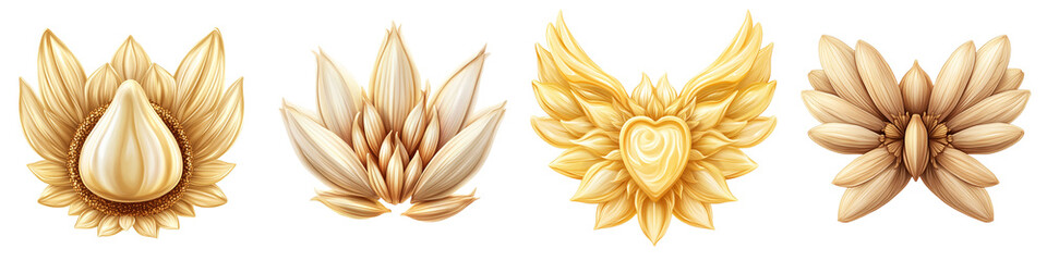 Artistic Sunflower Seed Variations Gold and Beige Flower Petals isolated on Transparent Background