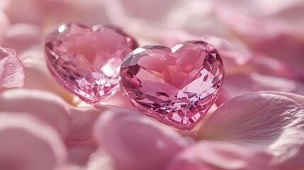 Heart-shaped crystal gemstones lying on soft pink petals, fine details, shimmering glossy reflections under diffused light