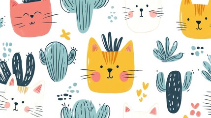 Cute cats and cacti pattern; desert-themed illustration for children's products
