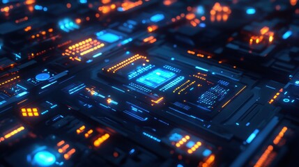 Futuristic holographic interface with glowing elements and cyberpunk aesthetics in a digital landscape at night