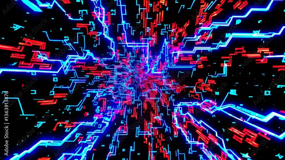 Poster futuristic digital video art with neon blue and red lines. dynamic, abstract design with a central v