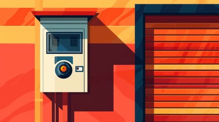 Modern Surveillance Camera in a Vibrant Urban Setting with Geometric Patterns and Warm Tones