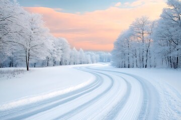 Fototapeta premium Snowy Road Curves at Sunrise.