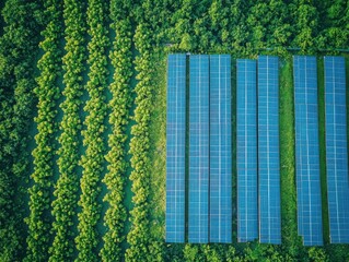 Solar panel farm drone perspective with futuristic vibe and negative space below