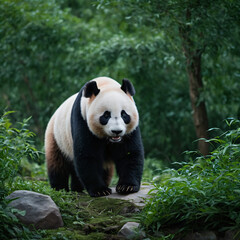 Fototapeta premium Beautiful panda bear walking on a path surrounded by lush green vegetation and bamboo trees playing on his natural habitat, environmental serene and calm atmosphere.