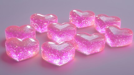 Fototapeta premium Neon pink hearts glowing with radiant edges, scattered star dust and gleaming particles, 3D style