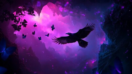 Fototapeta premium A buzzard circling in a vast cave lit by bioluminescent plants, shadows creating depth, cold palette with hints of violet and blue, fantasy art