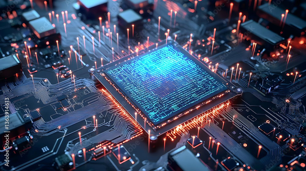 Poster detailed close up of glowing processor on circuit board