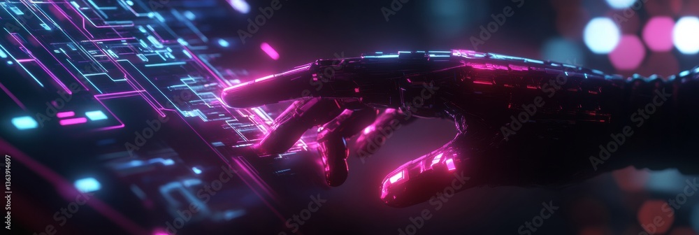 Poster futuristic holographic interface showcases glowing elements and clean cyberpunk design with a roboti