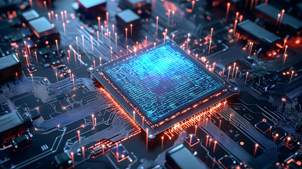 Obraz premium Detailed Close Up Of Glowing Processor On Circuit Board