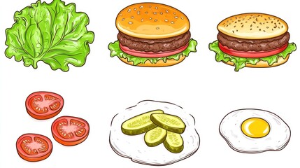 Burger ingredients, lettuce, tomato, pickles, egg, for menu design
