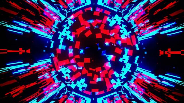 Abstract video art with a top-down angle, featuring a sphere of rotating red and blue cubes against a dark background, creating a digital, futuristic feel. Live desktop wallpaper. - Powered by Adobe