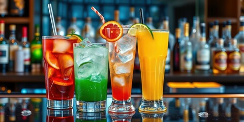 Vibrant selection of colorful cocktails displayed at a bar with a lively atmosphere during evening hours