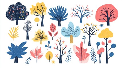 Colorful stylized trees collection; autumnal design elements for fall illustrations, website backgrounds, or children's books