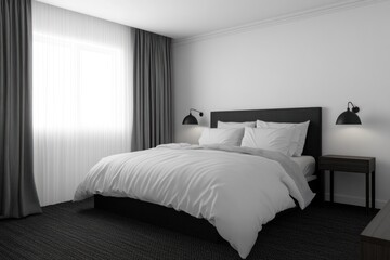 Modern minimalist bedroom with black and white decor.
