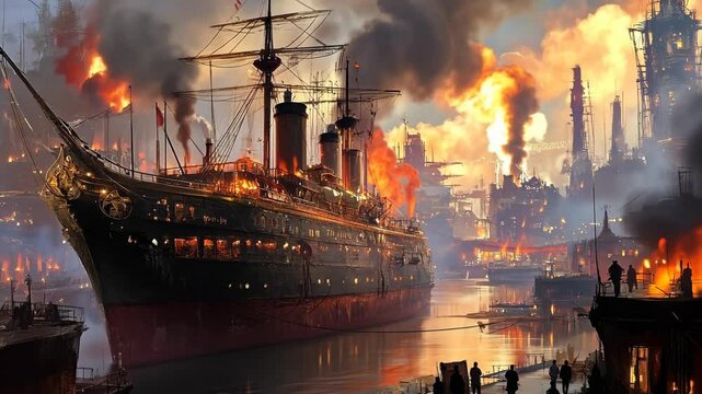 Historic steam ship navigating a fiery river amidst a bustling industrial skyline at dusk