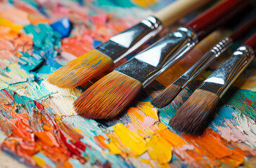 Fototapeta premium Close-up of an artist's palette with paintbrushes, highlighting rich oil paint textures