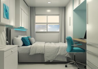 Fototapeta premium Modern minimalist bedroom with built-in desk and storage.