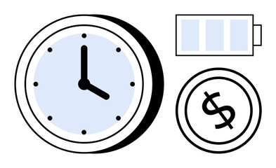 Clock displaying time, battery with charge level, and dollar coin combining efficiency, productivity, and planning. Ideal for time management, finance, energy saving, workflow economy budgeting