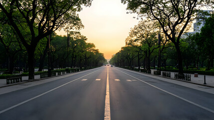Fototapeta premium Long Straight Road Lined With Trees Leading Towards The Horizon During Sunset With Warm Lighting