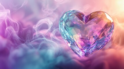 Crystalized heart with rainbow shimmer encased in swirling pink and purple smoke, high-definition vector, glossy surface, soft ambient lighting