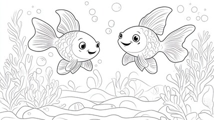 Two goldfish swim in an underwater scene, coloring page