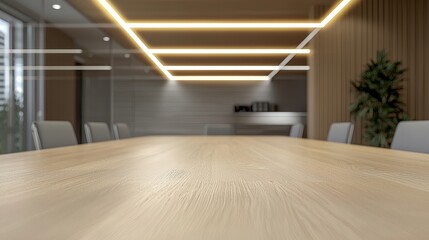 Light wood table in sharp focus, blurred elegant office scene with a conference room, glowing ceiling lights, calm atmosphere