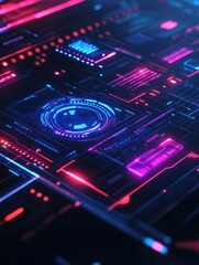 Fototapeta premium Futuristic holographic interface with glowing elements showcasing clean cyberpunk aesthetics at night in a high-tech setting