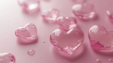 Obraz premium A set of floating glass heart crystals on a soft pink background, shimmering surface, glossy and transparent, scattered mist for dreamy valentine vibes
