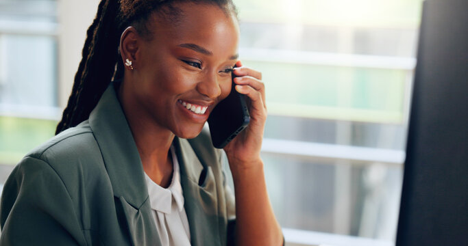 Black woman, phone call and computer research in office, event coordinator and talk to client for theme. Chat, calendar and review plan for party in discussion, schedule venue and confirm budget