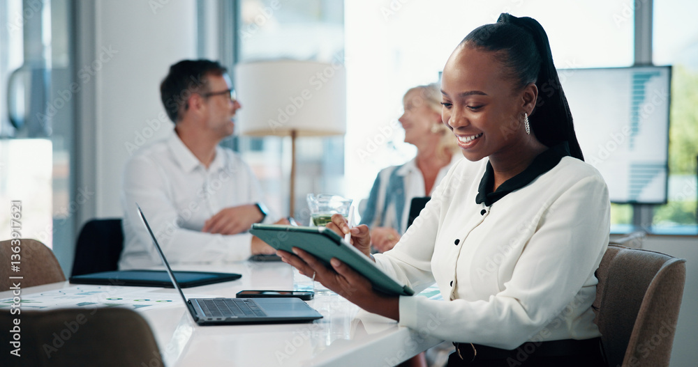 Poster boardroom, smile and woman with tablet, browsing or happy for traffic on website or seo manager. off