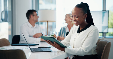 Boardroom, smile and woman with tablet, browsing or happy for traffic on website or SEO manager. Office, digital marketing and person with app for keyword research, social media or analysis of trends
