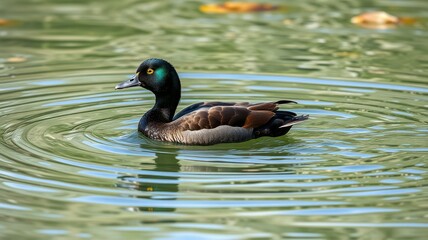 Obraz premium Swimming duck gliding through calm water surrounded by gentle ripples and leaves in sunlight