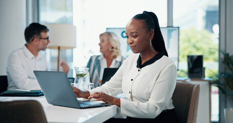 Fototapeta premium Business, woman and meeting on laptop in office for research, review information and financial report. Smile, accountant and online for bookkeeping, investment feedback and company revenue for growth