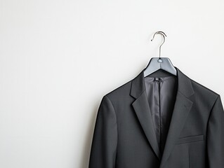 Tailored blazer on hanger against white background with studio lighting and copy space on right