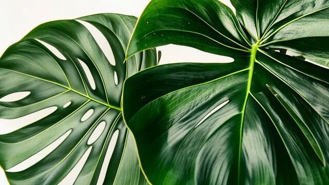 Close-up view of vibrant green monstera leaves on light background showcasing unique patterns and textures