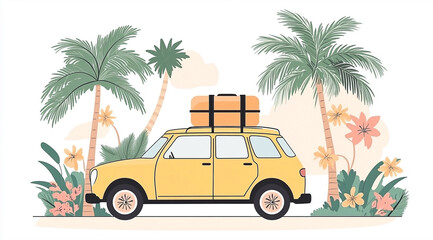 A vibrant yellow car with luggage parked amidst lush palm trees in a tropical setting ready for travel adventure