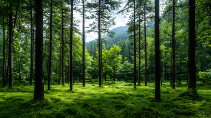Obraz premium Lush Green Forest Interior With Tall Trees And Sunlight Filtering Through Canopy With Green Grass And Mountain View