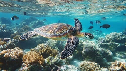 Majestic Sea Turtle Gliding Through Vibrant Coral Reef Ecosystem With Fish