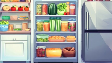 Well-stocked refrigerator, kitchen pantry, healthy food, home cooking, storage, meal prep, illustration, blog, website