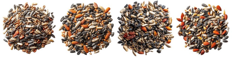 Obraz premium Collection of Four Birdseed Mixtures Featuring Sunflower Seeds Almonds and Other Grains isolated on Transparent Background